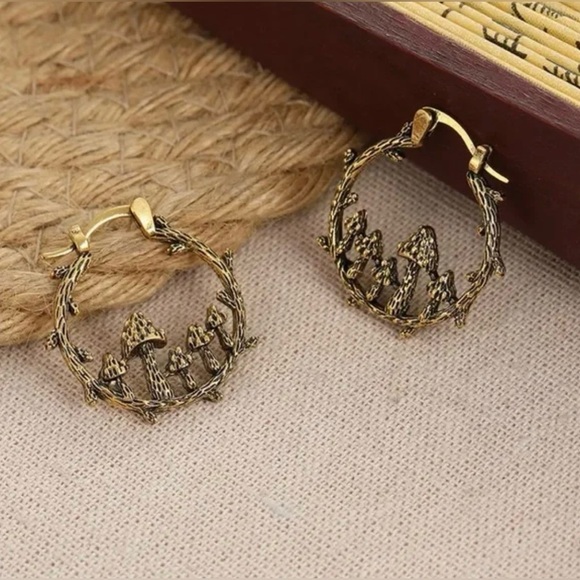 Mushroom Bohemian Copper Colored Hoop Earrings New - Picture 3 of 7